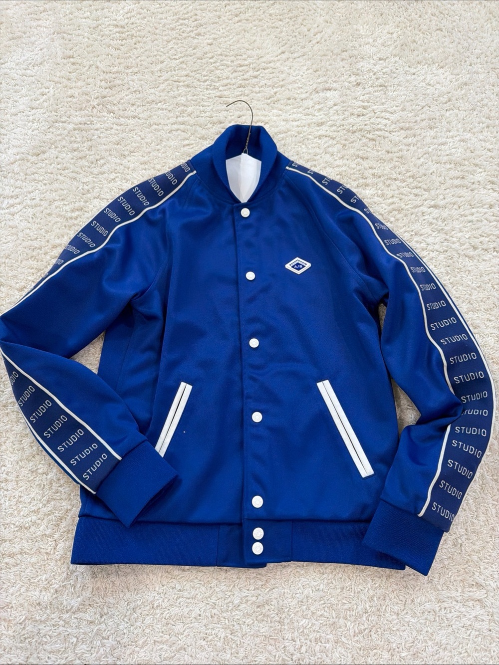 Scotch & Soda Men’s Blue Varsity Jacket Logo Snap Band Collar Pockets Sz S